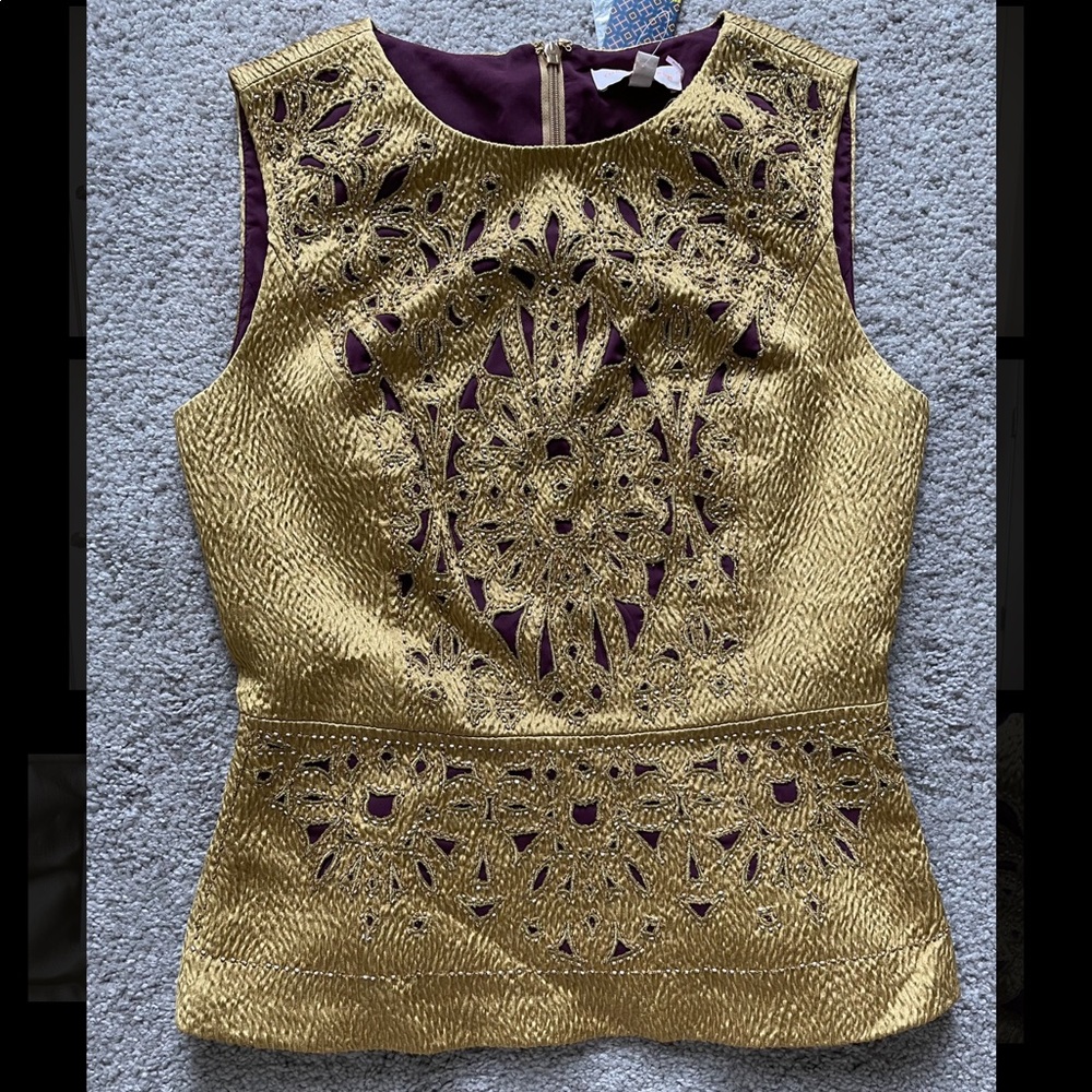 TORY BURCH Gold Metallic Beaded Peplum Top